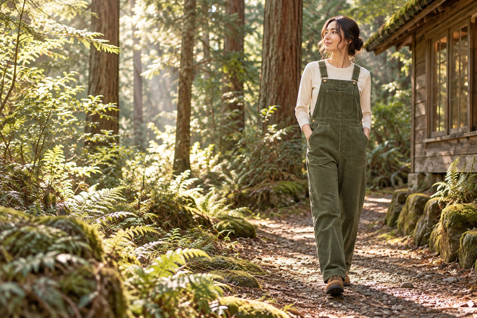Moss green Cedar Walk corduroy overalls worn on a woodland path